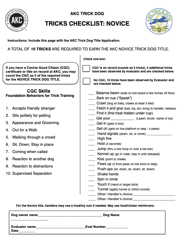 AKC Trick Dog Novice Checklist