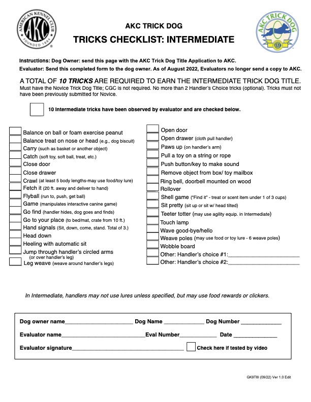 AKC Trick Dog Intermediate Checklist